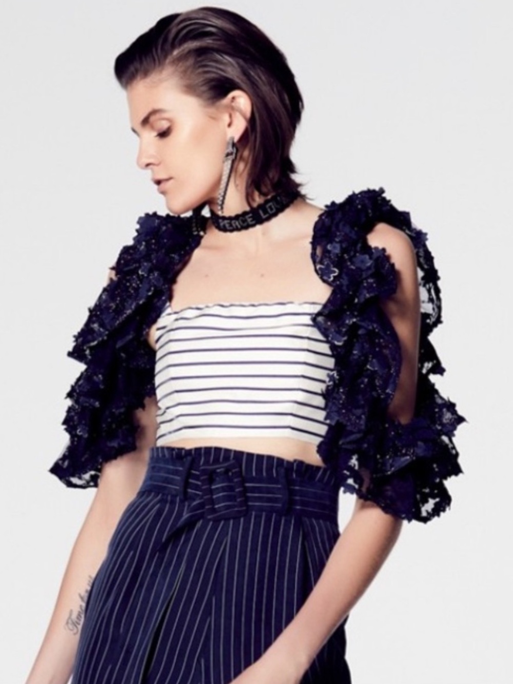 ATOIR The Jailbird Top Striped White & Navy Crop Ruffle Lace Sleeves Small US 4